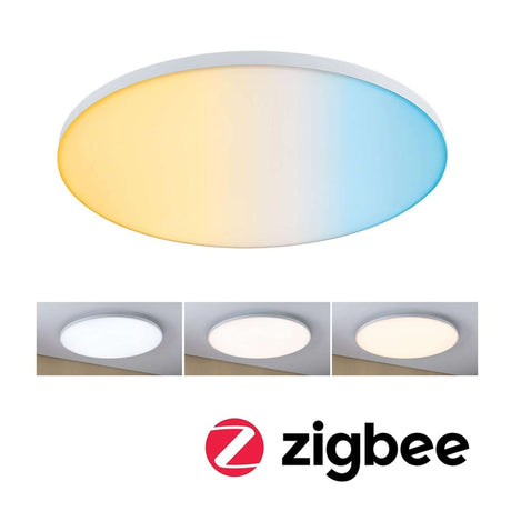 LED Panneau Smart Home Zigbee Velora CCT 60 cm blanc dans différentes couleurs de lumière, forme ronde avec surface satinée.