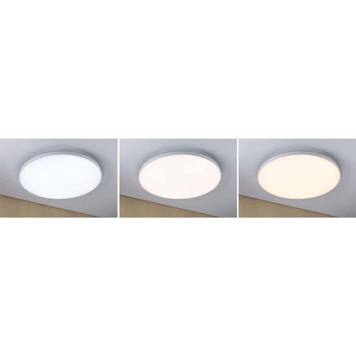 LED Panel Smart Home Zigbee Velora CCT 60cm Weiß in verschiedenen Lichtfarben, montiert an Decke.