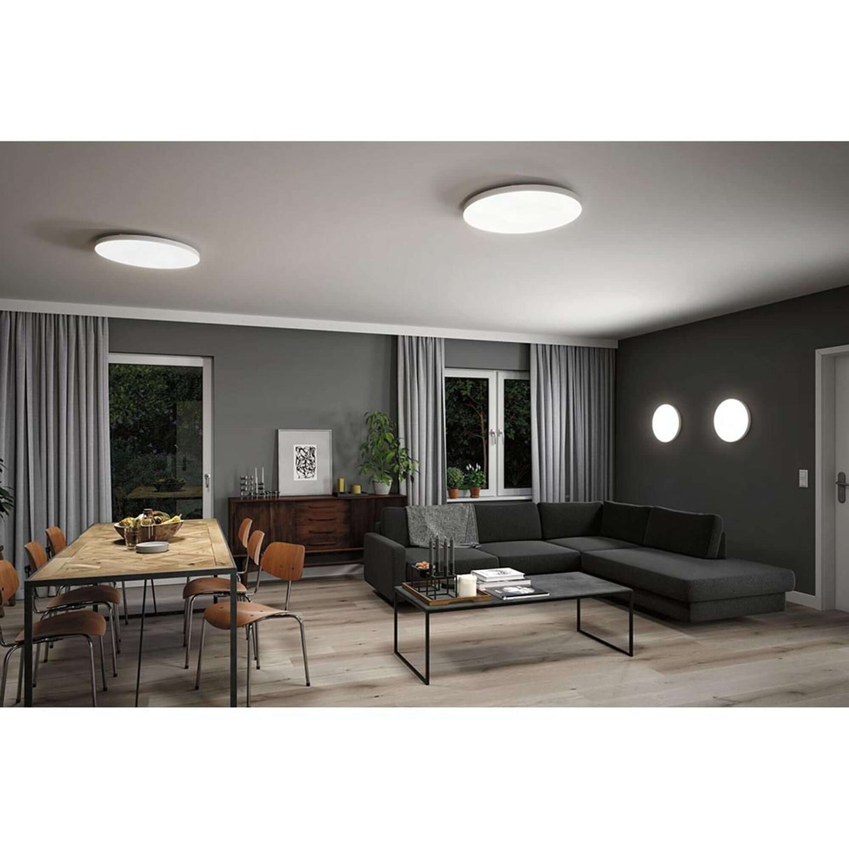 LED Panel Smart Home Zigbee Velora CCT 60cm Weiß in modernem Wohnraum mit Deckenmontage