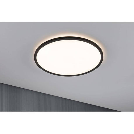 LED Panel mit 3 Stufen-Dimmer Atria Shine Schwarz auf einer Decke montiert, warmweißes Licht.