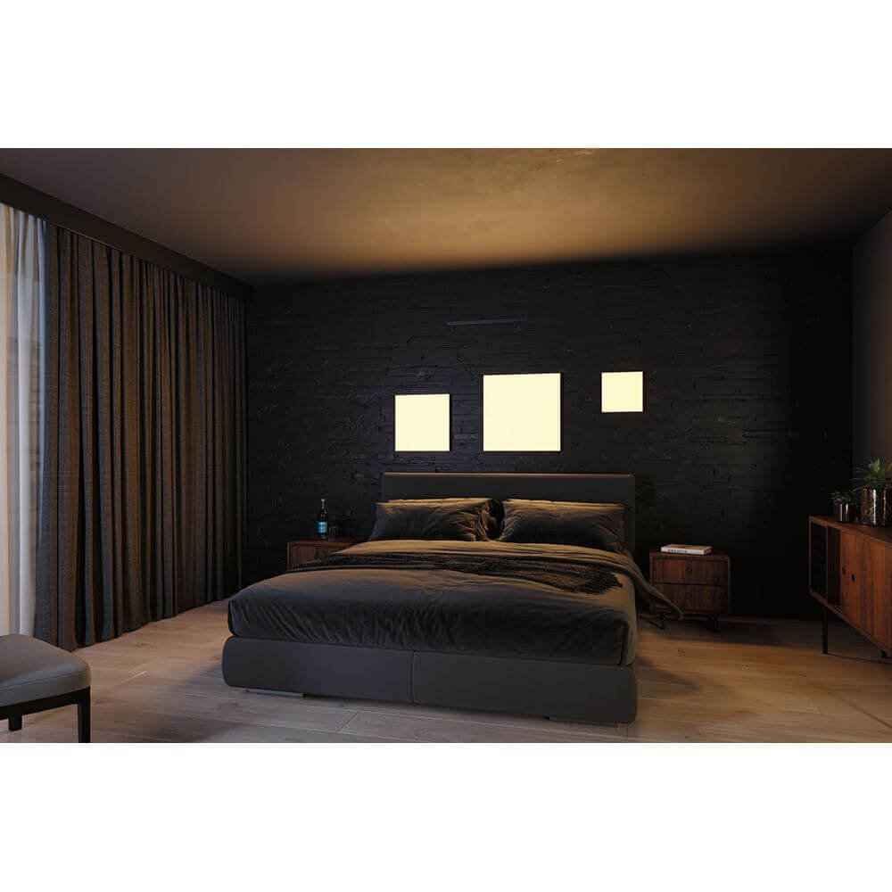 LED Panel Velora Rainbow im Schlafzimmer, stimmungsvolle Beleuchtung und moderne Raumgestaltung.