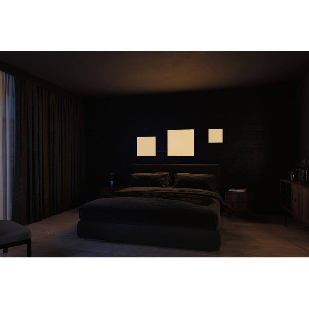 LED Panel Velora Rainbow in stilvollem Schlafzimmer mit eleganten Lichteffekten.
