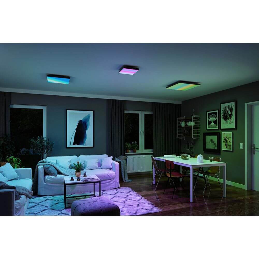 LED Panel Velora Rainbow RGBW Dynamisch Schwarz in modernem Wohnraum mit spektakulären Farben.