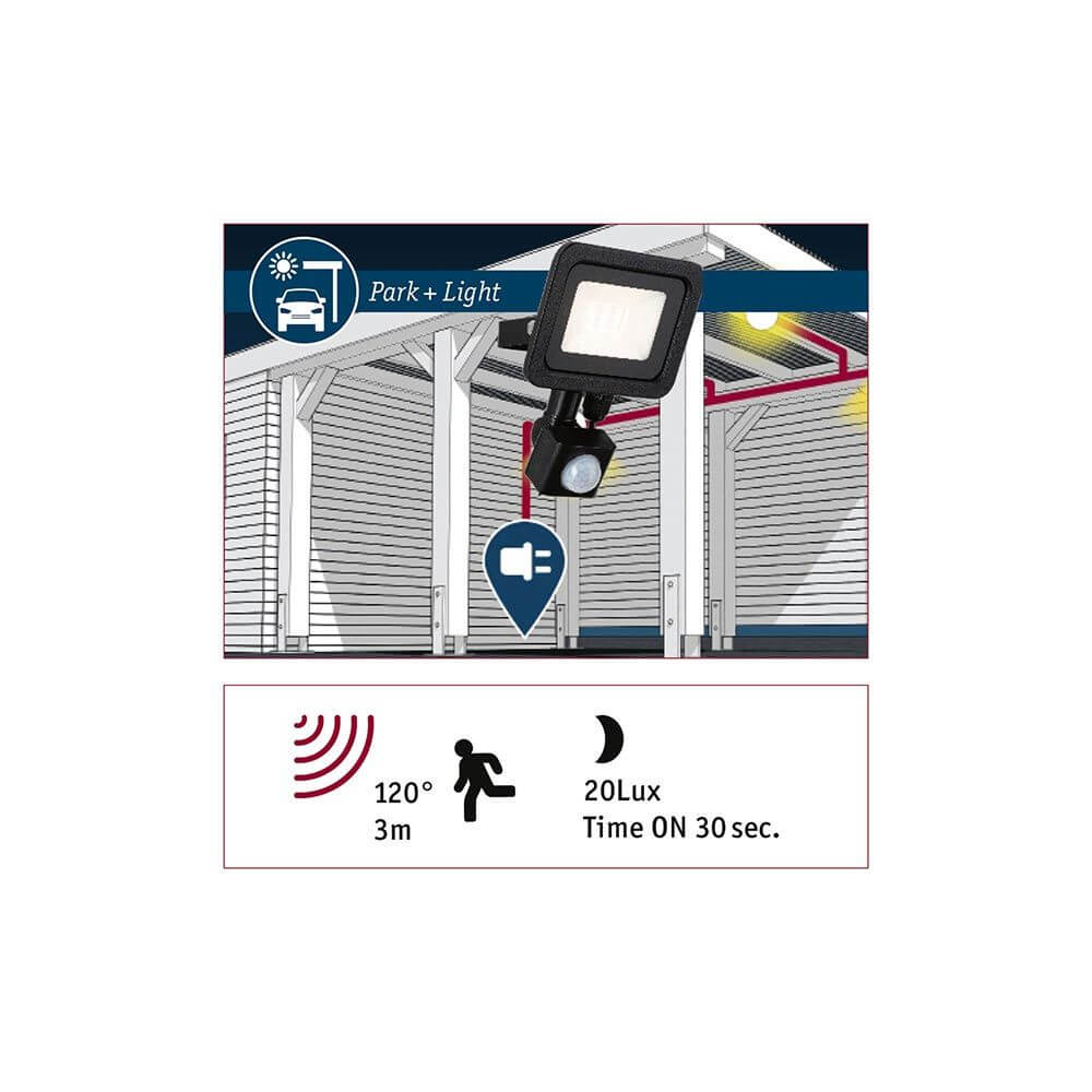 Park + Light Sensor LED Außenstrahler Bimea IP65 Schwarz mit Bewegungsmelder und Lichtdaten.