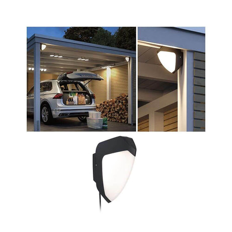 Park + Light LED sensor outdoor wall light Ikosea IP44 mounted on garage wall, ensures optimal lighting.