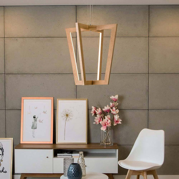 LED Leif pendant lamp 2520lm oiled oak in a modern living space with plants and pictures.