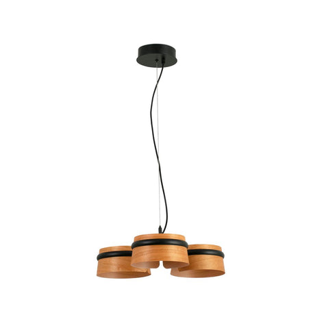 LED LOOP pendant light in black and brown with three wooden lampshades, a modern ceiling light for any room.
