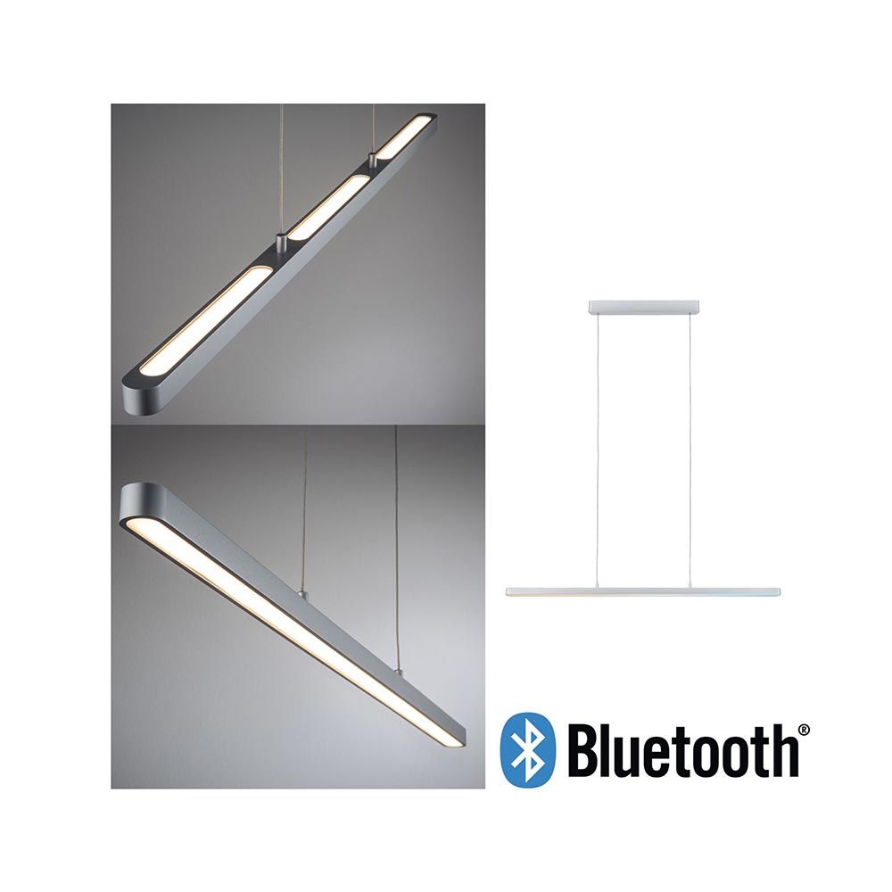Moderne LED Pendelleuchte Lento mit Bluetooth-Funktion, höhenverstellbar, chrom matt, dimmbar von 2700-6000K.