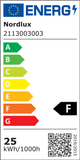 Energieeffizienzlabel Nordlux mit Kategorie F und Verbrauch von 25 kWh pro 1000 Stunden.