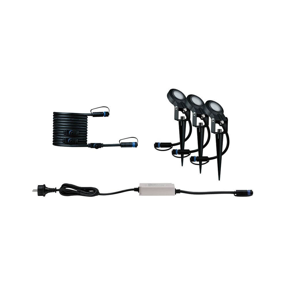 LED Plug & Shine Spot Sting Basisset Dimmbar IP67 24V 3000K 3x6W Starterset mit Erdspießen und Trafo.