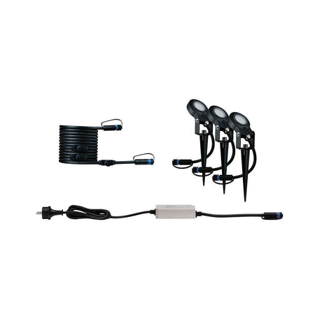 LED Kit de base Plug & Shine Spot Sting dimmable IP67 24V 3000K 3x6W set de démarrage avec piquets de terre et transformateur.