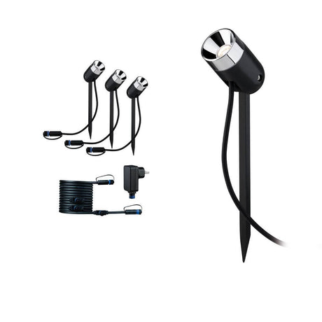 LED Kit de base Plug & Shine SpotlightPike câble de 5 m + transformateur 24 V avec trois piquets et transformateur blanc chaud
