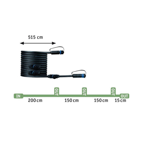 LED Kit de base Plug & Shine SpotlightPike câble de 5 m + transformateur 24 V vue d’ensemble de la connexion du câble avec des dimensions de 515 cm.