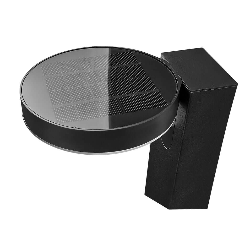 LED Pollerleuchte Rica Round Solar IP44 mit modernem, minimalistischem Design und Solarpanel.