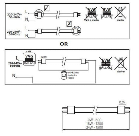 LED-Röhre High Power 9W 60cm Neutralweiß Anschlussdiagramm und technische Spezifikationen