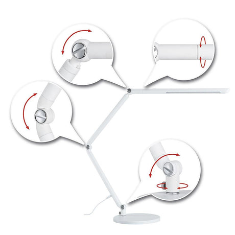 Verstellbare LED Schreibtischleuchte FlexBar in Weiß mit Gelenken für optimale Lichtausrichtung.