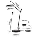LED Schreibtischlampe Numis mit dimmbarer Funktion, IP65, Maßangaben und induktivem Ladefuß.