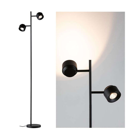 LED Puric Pane floor lamp, 3-step dimmable, black, with two individually adjustable spot heads.
