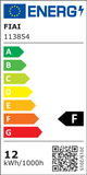 Energielabel F für Energieverbrauch, 12 kWh/1000h, A-G Bewertung, für effiziente Haushaltsgeräte.