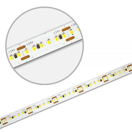 LED Strip Linear 5m 4250lm 24V blanc chaud, gros plan des bandes lumineuses avec modulation PWM et PFM.