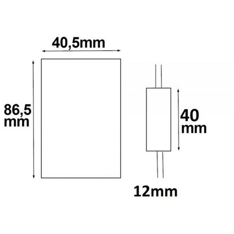 Maßzeichnung des LED Strip Mini Funk Dimmer mit FB, Maße: 40,5mm x 86,5mm x 12mm.