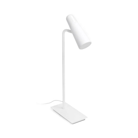LED Tischleuchte LAO Weiß auf einem Tisch, modernes Design in Weiß.