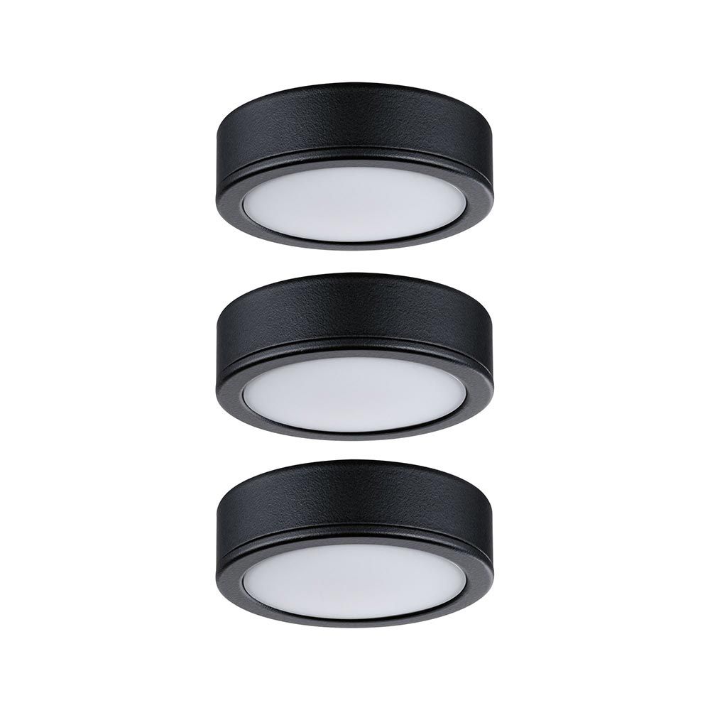 Schwarze LED Unterschrankleuchten Pukk Rund 6,5 cm im 3er-Set für Möbelbeleuchtung und effektvolle Akzente.