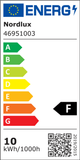 Energielabel Nordlux 46951003 zeigt Energieeffizienzklasse F und Verbrauch von 10 kWh/1000h.