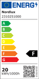 Energielabel für Nordlux 2310251000, zeigt Energieeffizienz F und Verbrauch von 20 kWh pro 1000h.