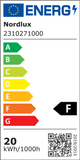 Energielabel für Nordlux mit Energieeffizienzklasse F und Verbrauch von 20 kWh/1000h.