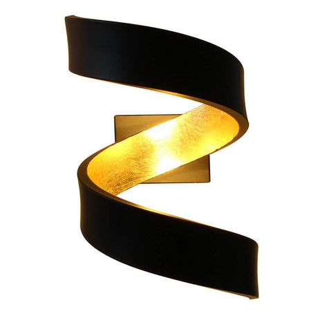 LED Wandleuchte Helix Goldfarben, Schwarz mit spiralförmigem Design und indirektem Licht.