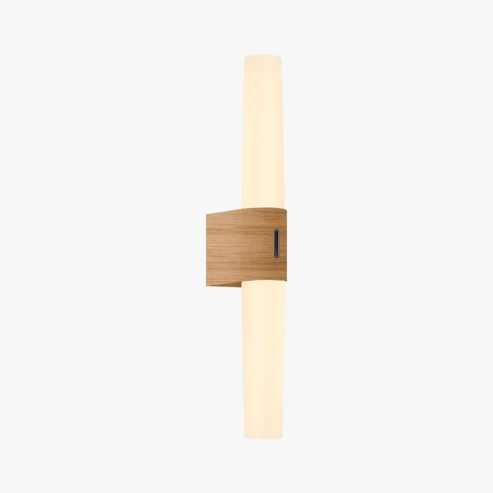 LED Wandleuchte Helva Double Basic IP44 in minimalistischem Design mit holzfarbenem Element