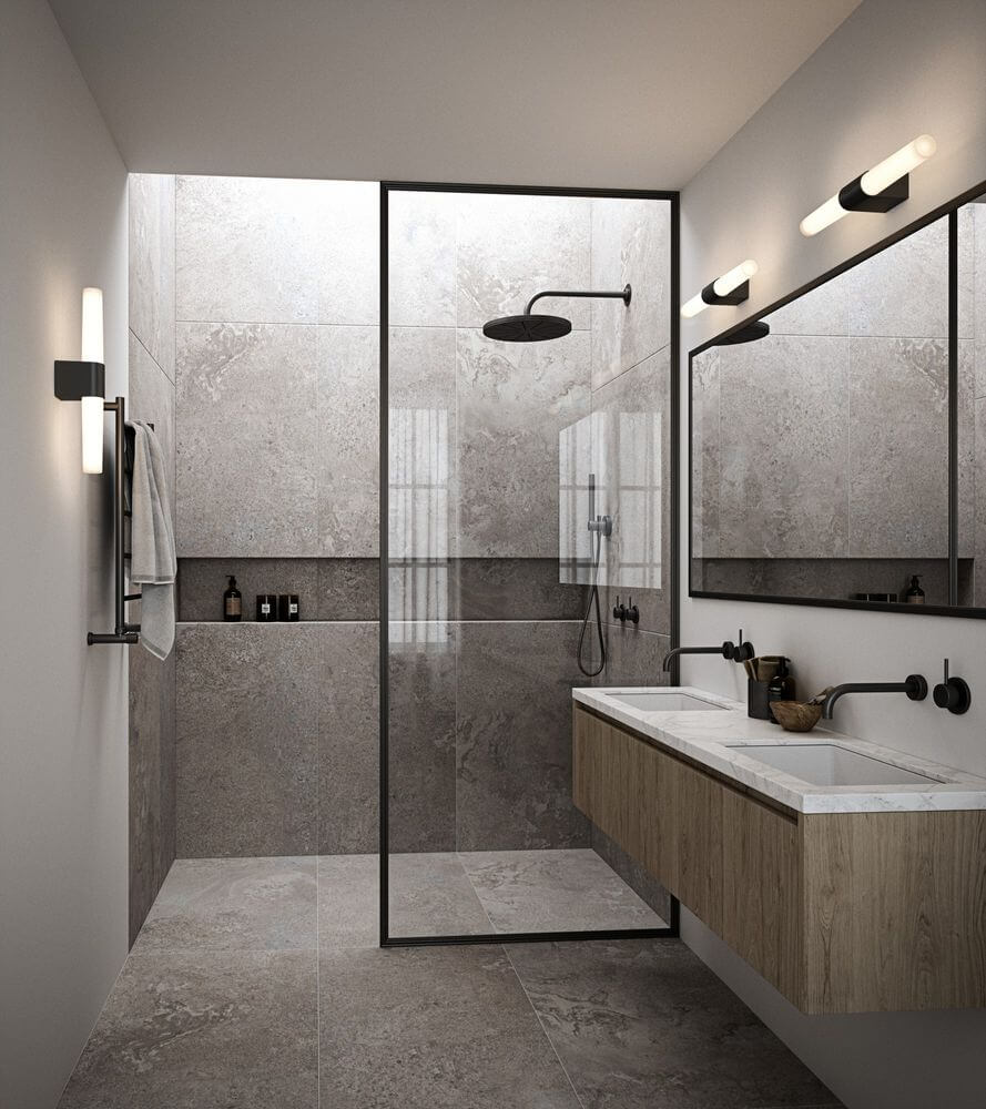 Modernes Badezimmer mit LED Wandleuchte Helva Double Basic IP44 über dem Waschbecken und in der Dusche.