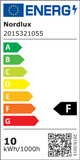 Energielabel von Nordlux für LED Wandleuchte Helva Double IP44 mit Klassifizierung F und Verbrauch von 10 kWh/1000h.