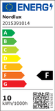 Energieeffizienzlabel für Nordlux LED Wandleuchte mit Energiekategorie F und Verbrauch von 10 kWh/1000h.