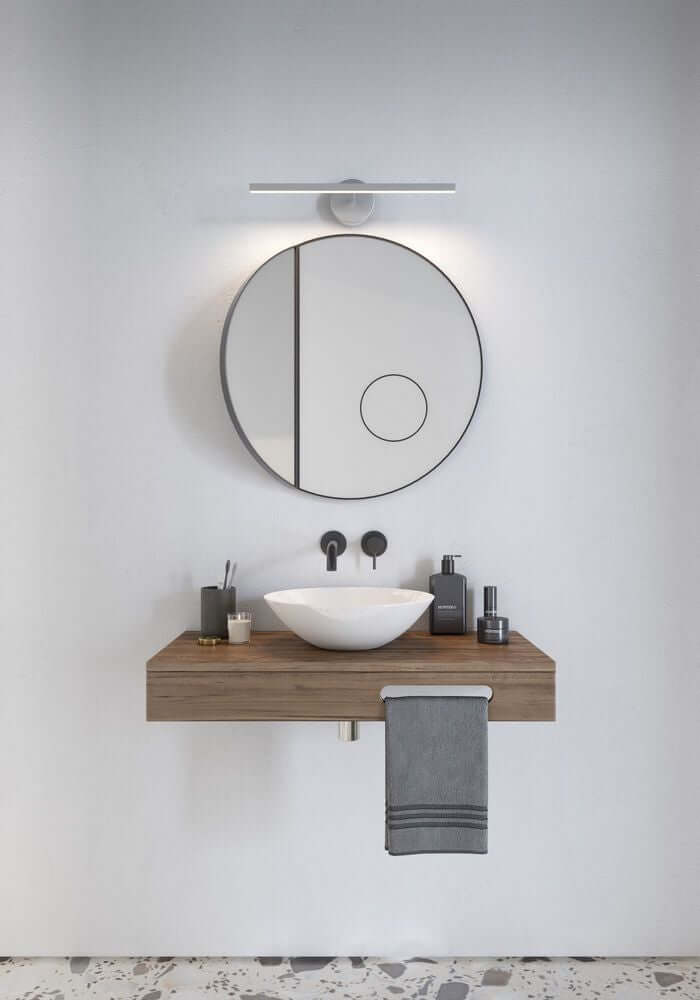 LED Spiegel Wandleuchte Ip S13 40cm IP44 über modernem Waschbecken mit runder Spiegelfläche.