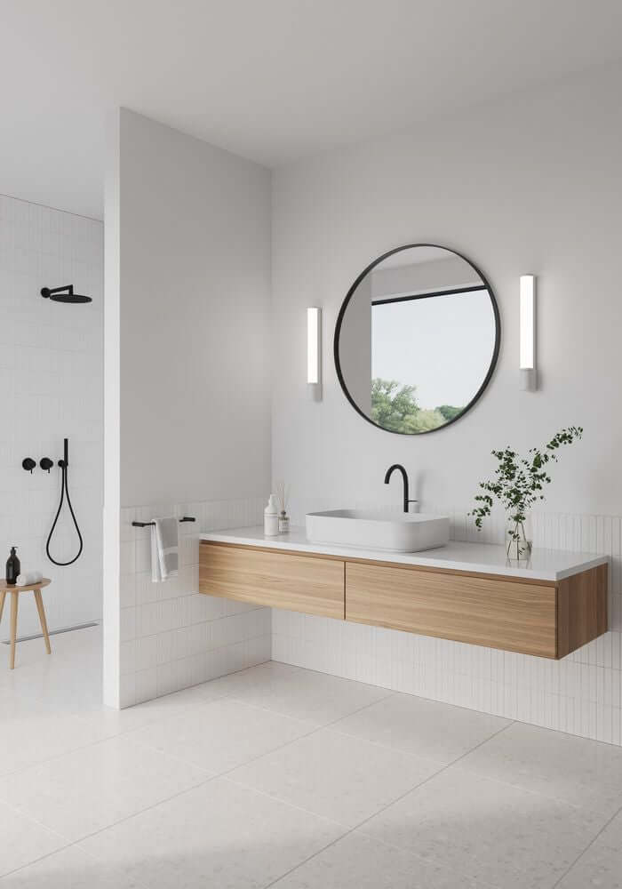 Modernes Badezimmer mit LED Wandleuchte Malaika 49 IP44 neben dem Spiegel und einem Wasserhan.