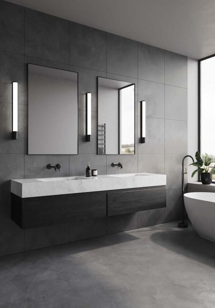 Moderne Badezimmeransicht mit LED Wandleuchte Malaika 68 IP44 und stilvollen Spiegeln.