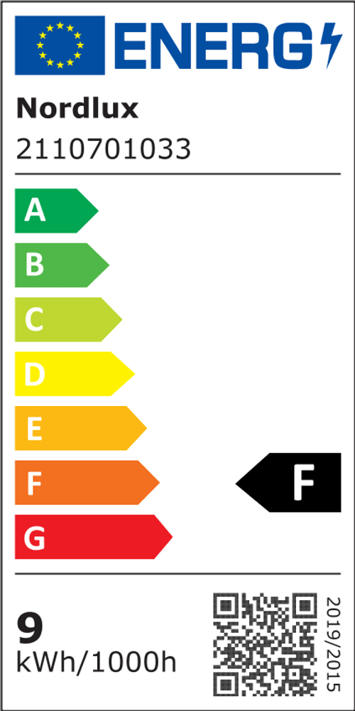 Energielabel für Nordlux LED Wandleuchte, zeigt Energieeffizienzklasse F und Verbrauch von 9 kWh/1000h.