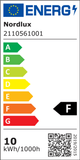 Energielabel für LED Wandleuchte Mona mit Effizienzklasse F von Nordlux. 10 kWh/1000h.