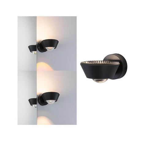 LED Væglampe Sabik Dimmable Sort monteret på væggen, med unik lysspredning opad og nedad.