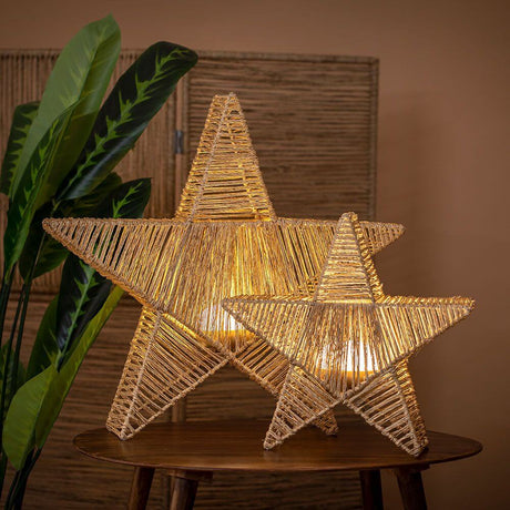 LED Battery-operated Christmas star Sisine Star IP54 with warm white lighting, made of natural weave with integrated battery.