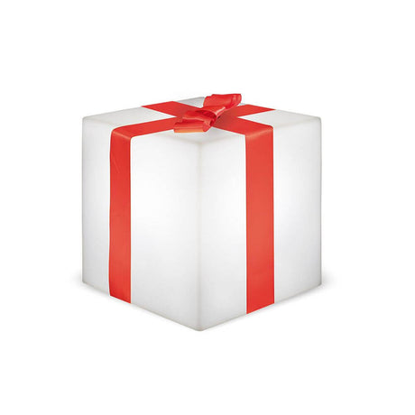 LED Kerstkubus Gifty accu + solar IP65 in vierkante vorm met rood strikmotief als feestelijke decoratie.