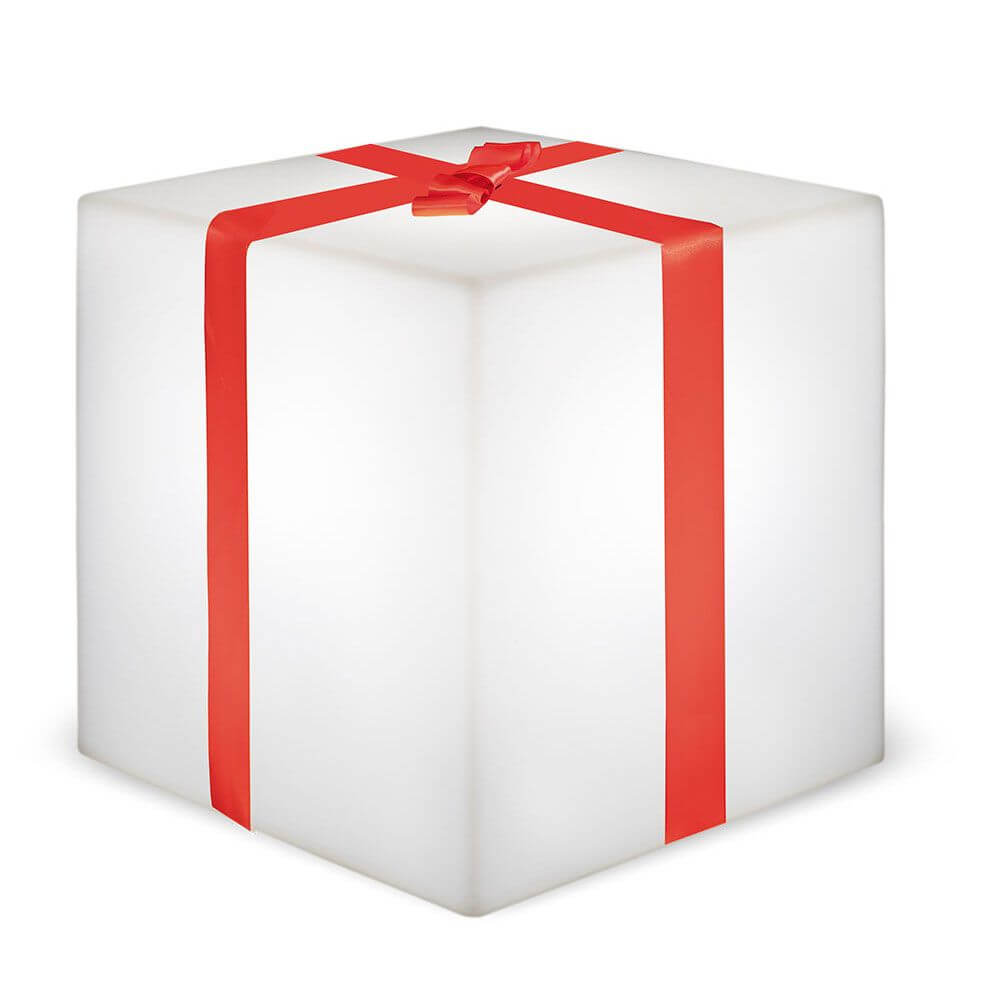 LED juleterninger Gifty batteri + solcelle IP65 formet som en gave med rødt bånd.