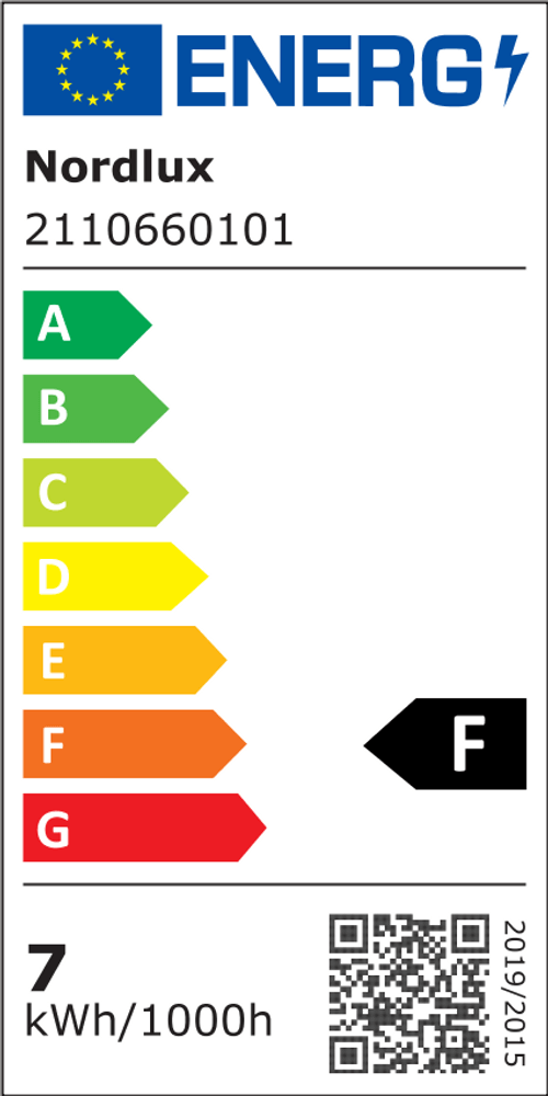 Energieeffizienzlabel für Nordlux, zeigt Energieverbrauch und Klassifizierung F, 7 kWh/1000h.