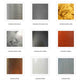 Materialmuster für Industrialook: Aluminium, Betonoptik, Goldblätter, Silberblätter, Gun Metal, Kupfer, Rost, Weiß, Zink.