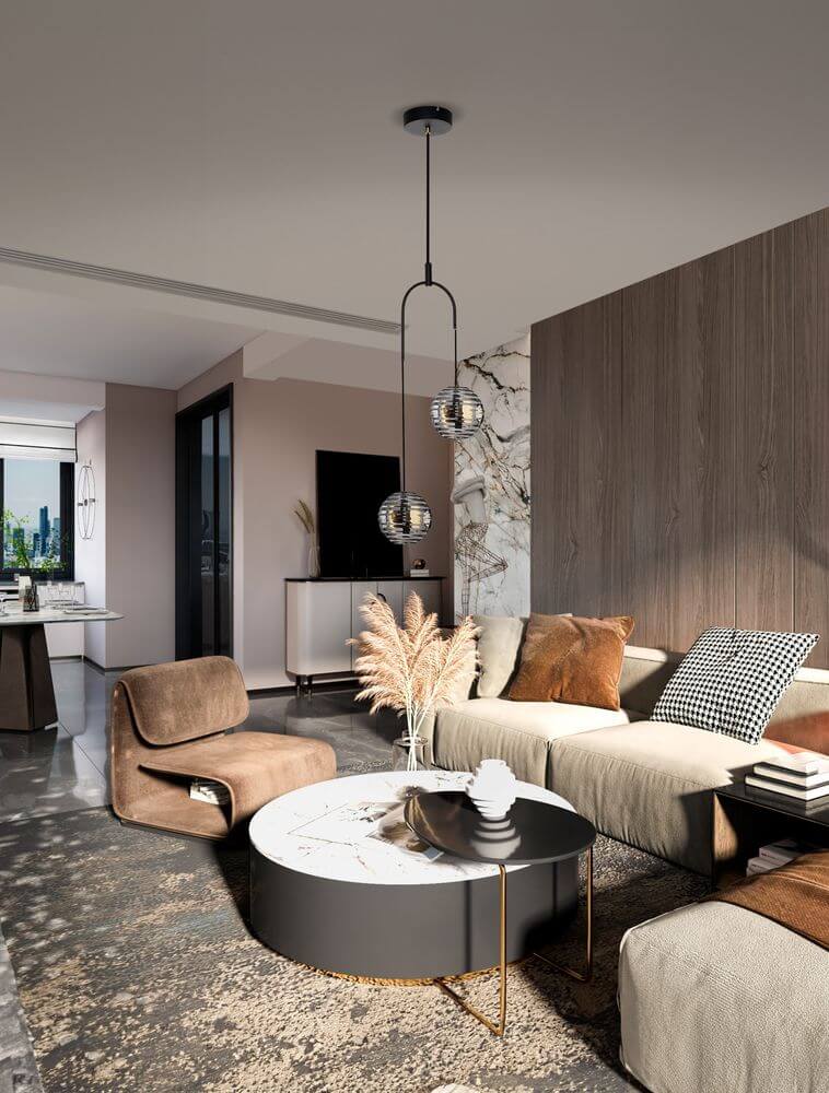 Elegantes Wohnzimmer mit Las LED Pendelleuchte 2-flammig Ø 31cm 3000K Schwarz, Gold, stilvoller Einrichtung und modernem Design.