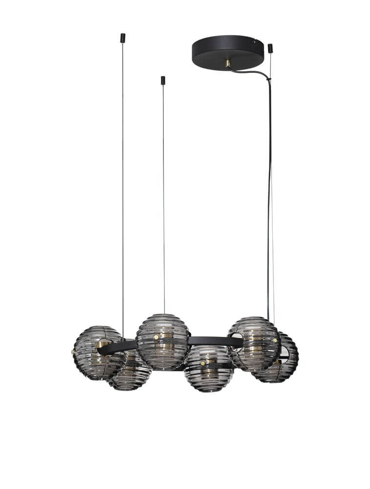 Las LED Pendelleuchte 6-flammig Ø 63cm 3000K Schwarz, Gold in elegantem Design mit getöntem Glas.