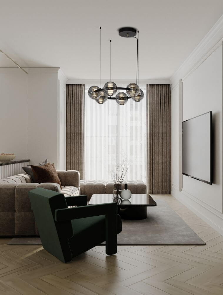 Las LED Pendelleuchte 6-flammig Ø 63cm 3000K Schwarz, Gold in modernem Wohnzimmer-Design.