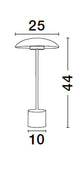 Lash LED Tischleuchte 3000K, technische Zeichnung mit Maßen 25cm Breite, 10cm Durchmesser, 44cm Höhe.
